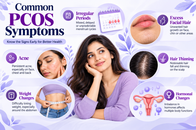 Common PCOS symptoms including irregular periods acne and excess hair