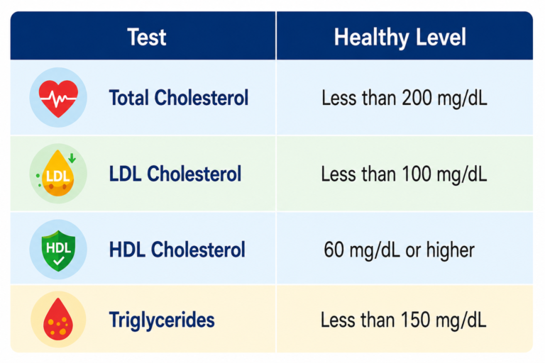 Healthy cholesterol levels chart showing recommended ranges for total cholesterol, LDL cholesterol, HDL cholesterol, and triglycerides in mg/dL.