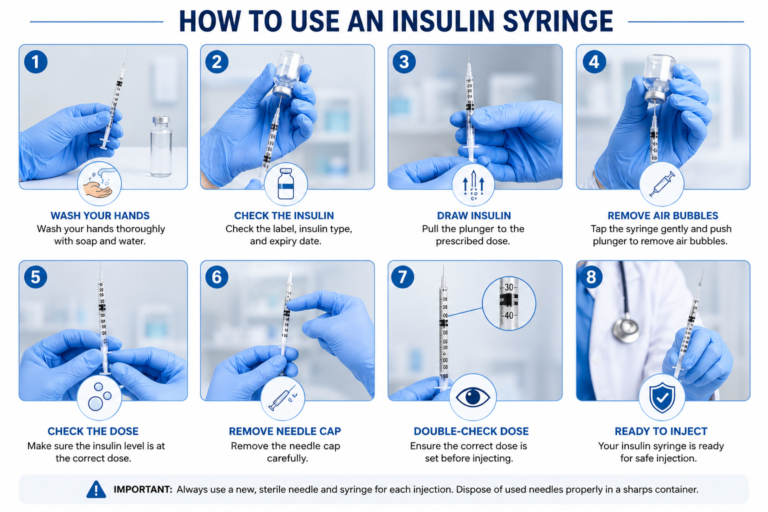 Step-by-step guide showing how to use an insulin syringe, including washing hands, checking insulin, drawing the dose, removing air bubbles, checking the dose, removing the needle cap, and preparing for injection.