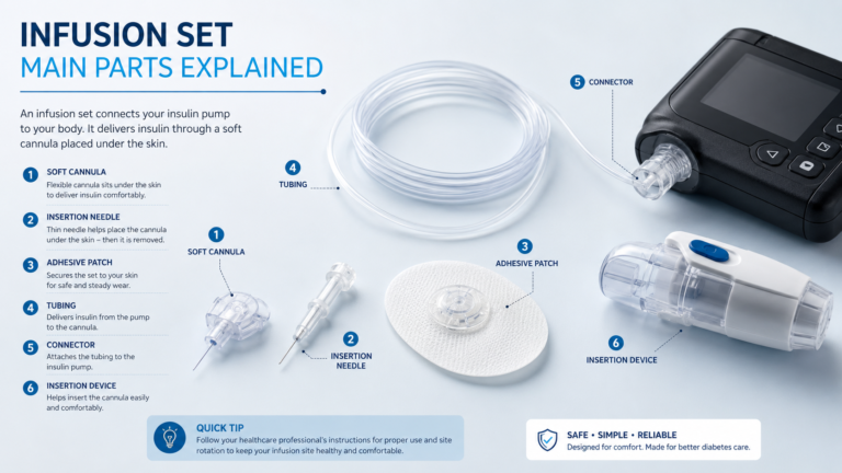 Infusion Set parts including cannula tubing connector and adhesive