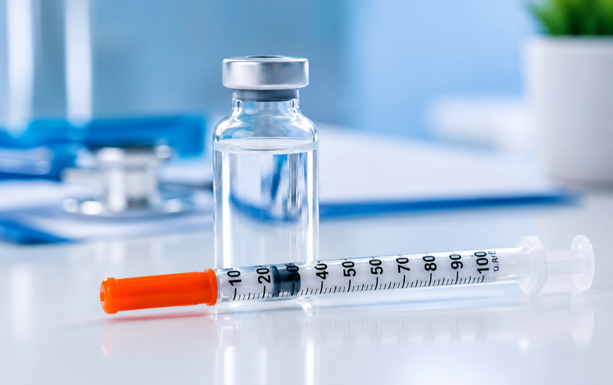 Insulin syringe with an orange protective cap placed beside an insulin vial on a clean medical surface.