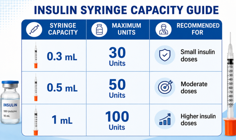 Insulin syringe capacity guide showing 0.3 mL, 0.5 mL, and 1 mL insulin syringe sizes with maximum insulin units and recommended dosage ranges.
