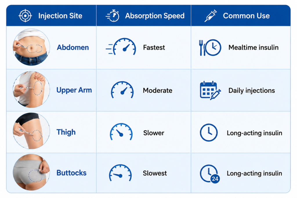 Insulin syringe injection site chart showing the abdomen, upper arm, thigh, and buttocks with absorption speed and common insulin use.