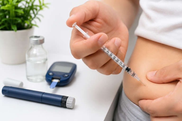 Person using an insulin syringe to inject insulin into the abdomen with an insulin vial, glucometer, and insulin pen in the background.
