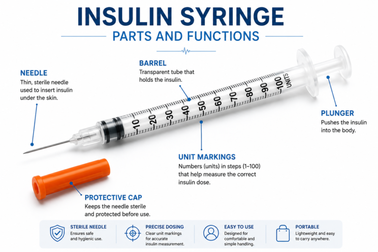Insulin syringe parts and functions diagram showing needle, barrel, plunger, unit markings, and protective cap.