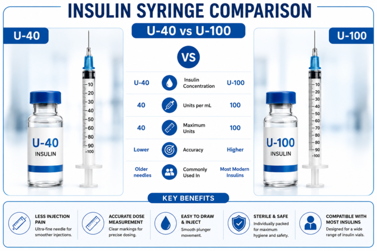 Comparison chart of U-40 vs U-100 insulin syringes showing insulin concentration, unit markings, maximum units, accuracy, and key benefits.