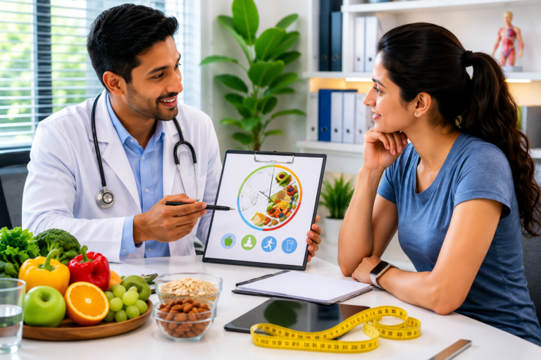 Doctor providing intermittent fasting diet consultation to a patient with a healthy meal plan and nutrition chart.