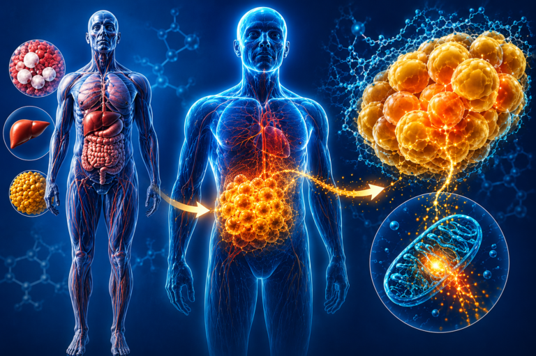Medical illustration showing how intermittent fasting promotes fat burning, cellular metabolism, and energy production during fasting.