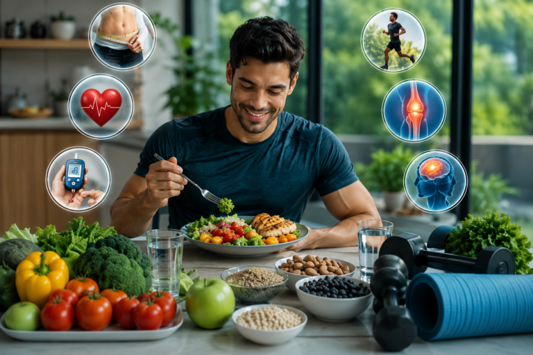 Person enjoying a healthy meal during intermittent fasting with icons showing weight loss, heart health, blood sugar control, brain function, exercise, and joint health.