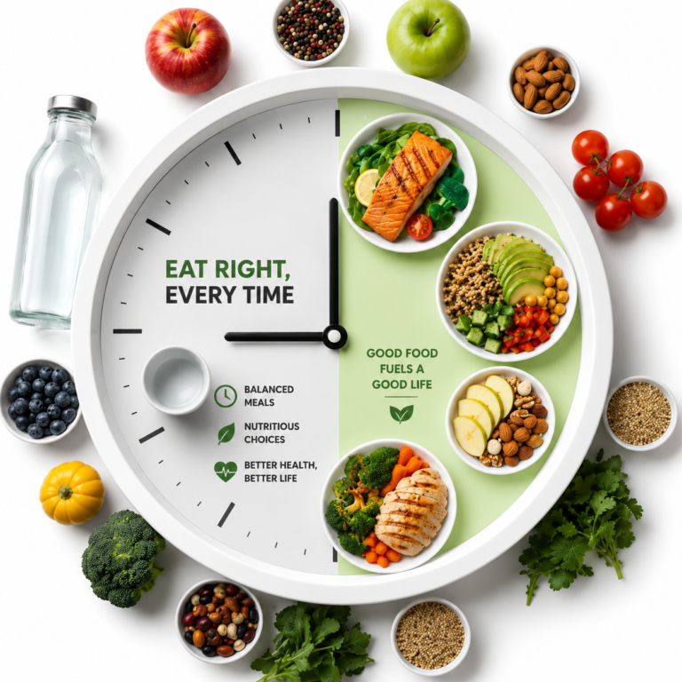 Healthy meal planning for intermittent fasting featuring balanced meals, lean protein, vegetables, fruits, healthy fats, and a clock representing meal timing.