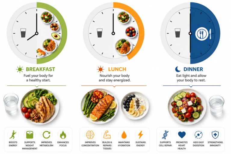 Intermittent fasting meal timing guide showing breakfast, lunch, and dinner with balanced healthy meals, hydration, and fasting schedule.