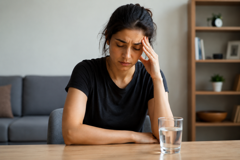 Woman experiencing headache and fatigue during intermittent fasting while sitting with a glass of water.