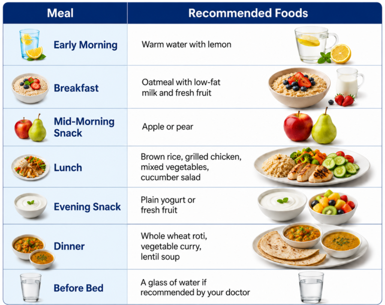Kidney Stone Diet meal plan chart showing healthy foods for breakfast, lunch, dinner, snacks, and hydration to help prevent kidney stones.