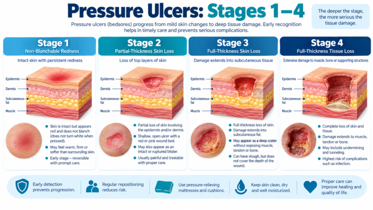 pressure ulcers stages from stage 1 to stage 4 medical illustration