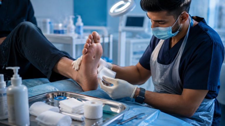 Professional diabetic wound care treatment for a foot wound