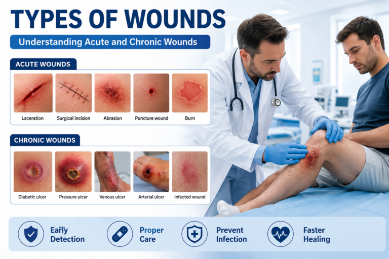 Types of wounds infographic showing acute wounds and chronic wounds, including laceration, abrasion, burns, diabetic ulcers, pressure ulcers, and venous ulcers.