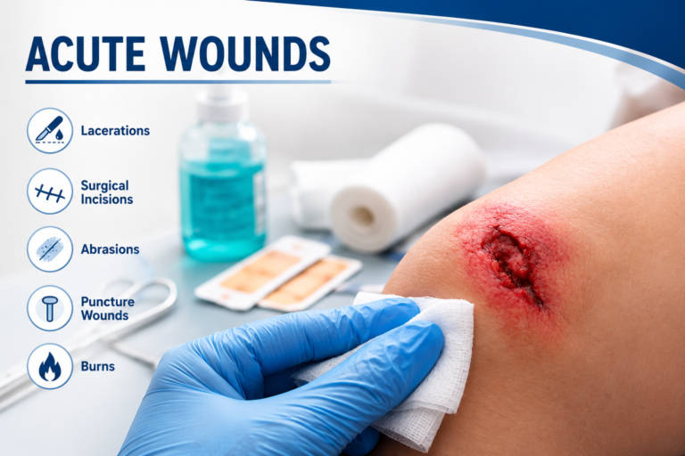 Types of wounds infographic showing acute wounds, including lacerations, surgical incisions, abrasions, puncture wounds, and burns.