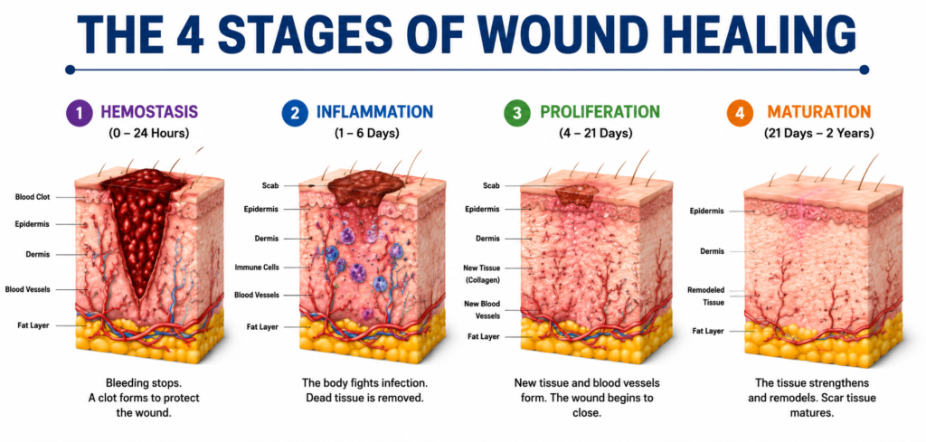 Types of wounds infographic showing the four stages of wound healing: hemostasis, inflammation, proliferation, and maturation.
