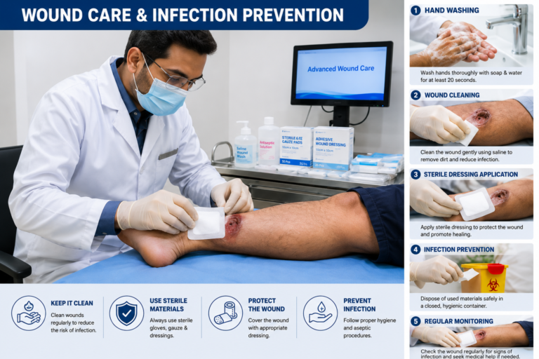 Types of wounds infographic showing proper wound care and infection prevention, including hand washing, wound cleaning, sterile dressing, and regular monitoring.