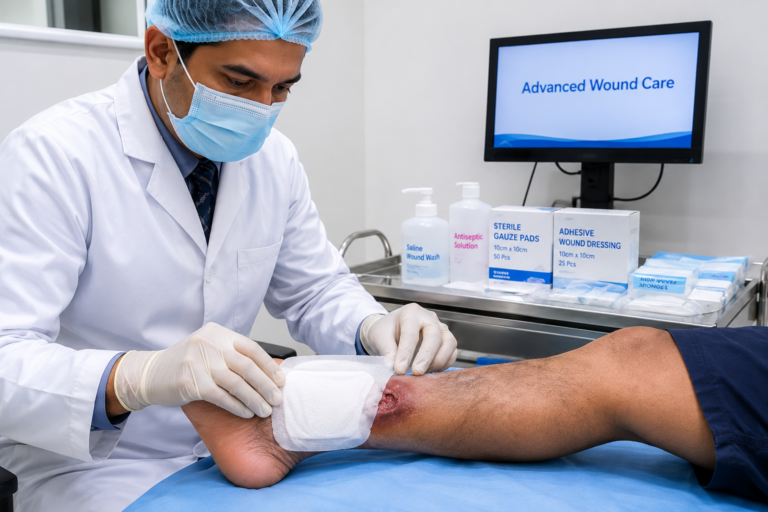 Doctor providing advanced wound care treatment for different types of wounds using a sterile dressing on a patient's leg wound.
