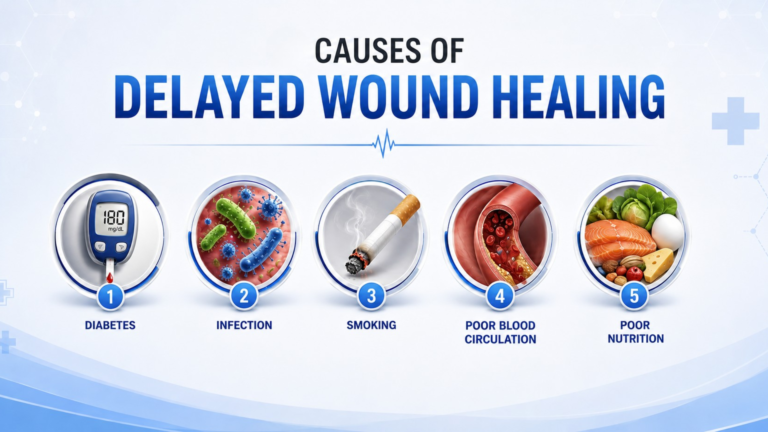 Common causes of delayed wound healing including diabetes infection poor circulation and smoking
