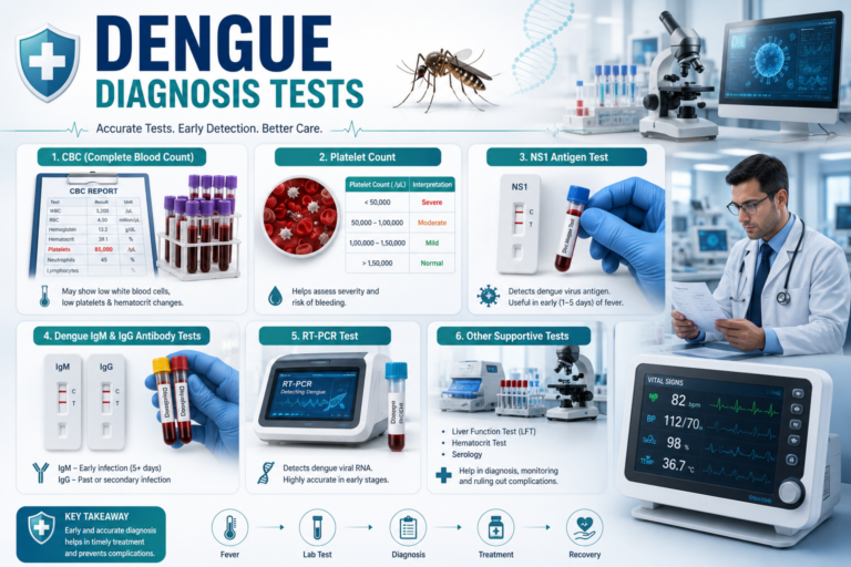 Dengue diagnosis infographic showing CBC report, NS1 antigen test, and platelet count