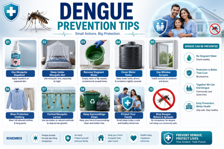 Dengue prevention tips infographic showing mosquito control and safety measures