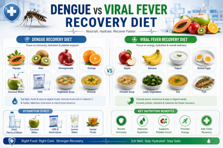 Dengue vs viral fever recovery diet with healthy foods and hydration