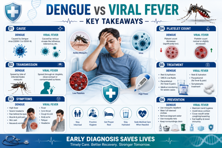 Dengue vs viral fever key takeaways infographic summarizing major differences