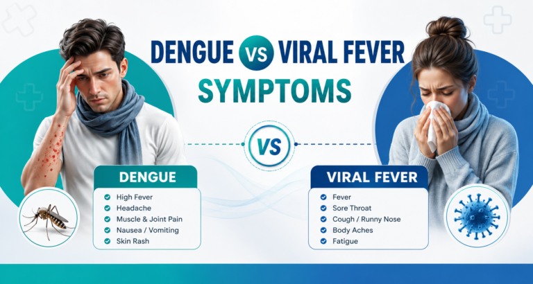 Dengue vs viral fever symptoms comparison infographic showing major symptom differences