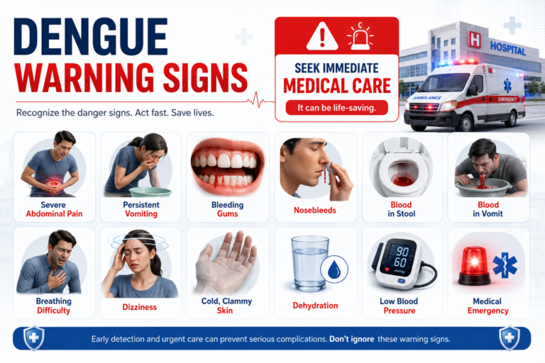 Dengue warning signs infographic showing severe symptoms and emergency signs
