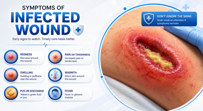 Signs of poor wound healing including redness swelling pain pus and fever