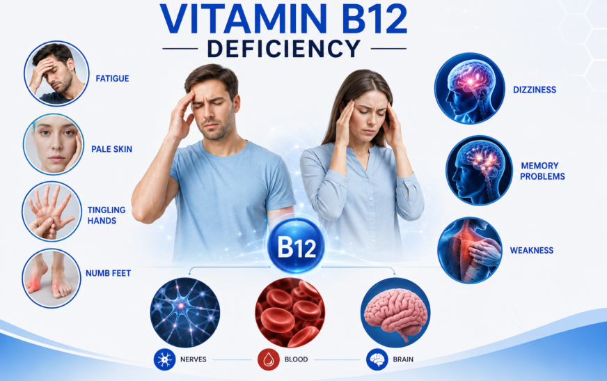 Vitamin B12 deficiency symptoms including fatigue numbness and weakness