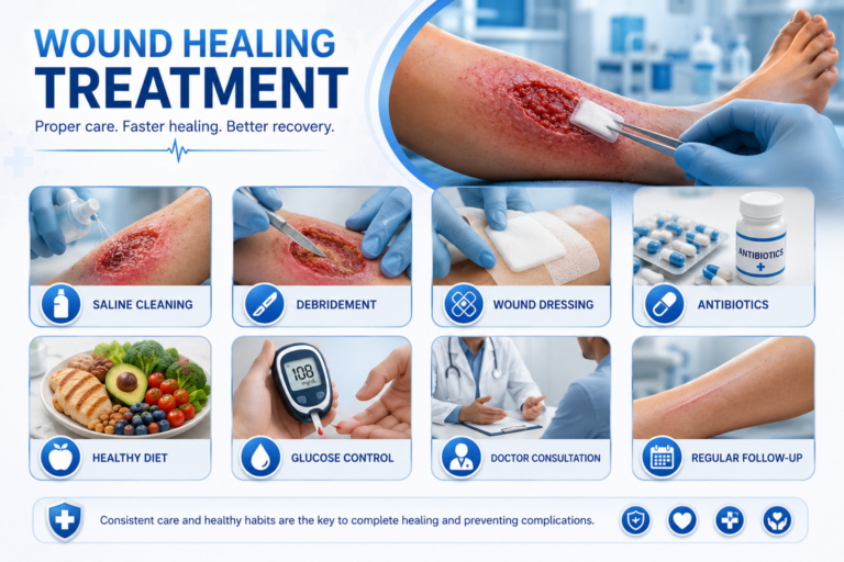Advanced wound healing treatment including wound dressing debridement and infection control