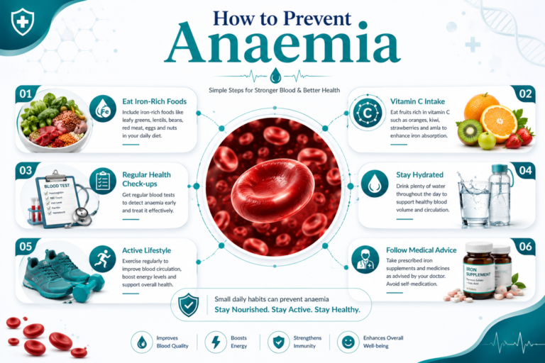 Anaemia prevention tips including healthy diet regular checkups iron rich foods and active lifestyle