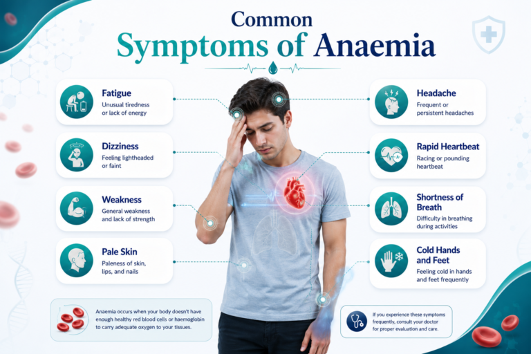 Common symptoms of anaemia including fatigue dizziness weakness pale skin and shortness of breath