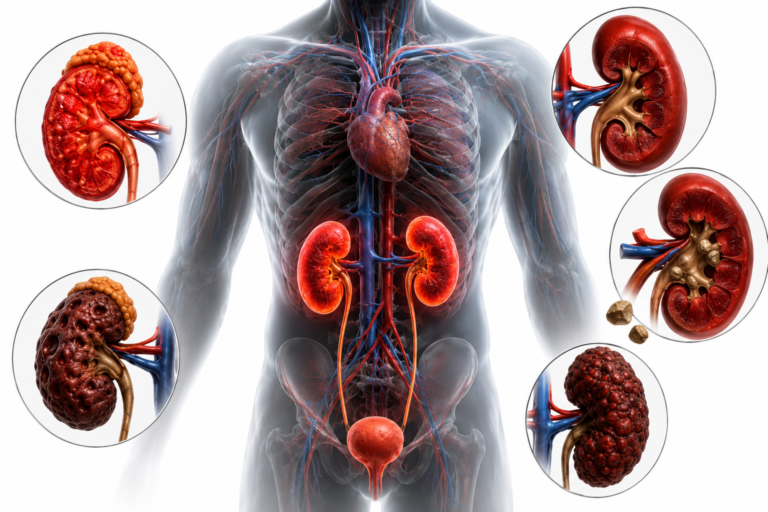 Creatinine blood test illustration showing common causes of high creatinine levels, including kidney disease, kidney stones, kidney infection, and reduced kidney function.
