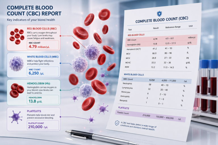 CBC Report showing red blood cells white blood cells hemoglobin and platelets.