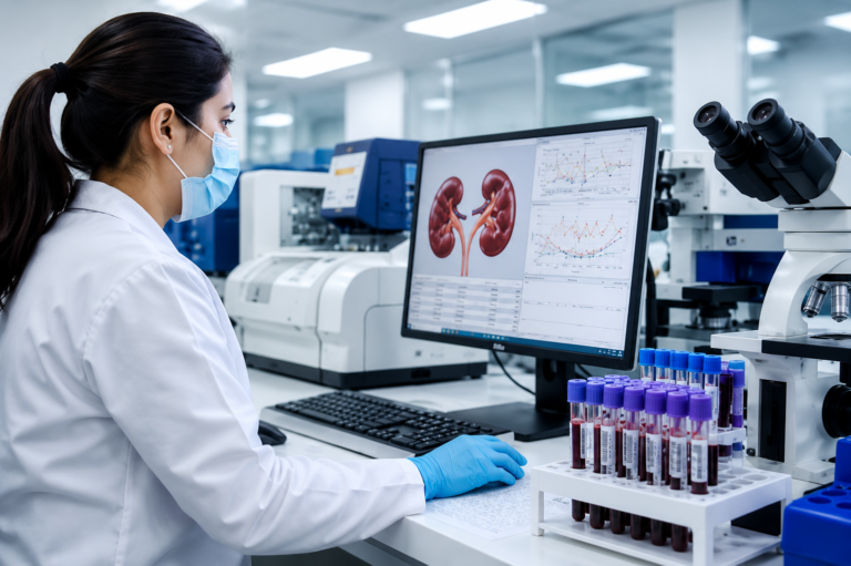 Creatinine blood test being analyzed in a medical laboratory to identify people at higher risk of high creatinine levels and kidney disease.