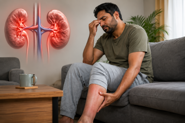Creatinine blood test illustration showing a man with leg swelling and fatigue, common symptoms of high creatinine levels and kidney problems.