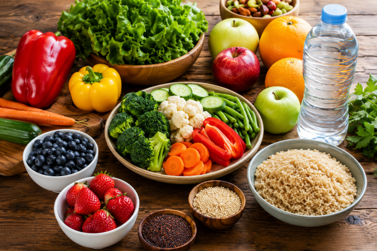 Healthy foods, fruits, vegetables, whole grains, and water recommended after a creatinine blood test to help lower high creatinine levels.