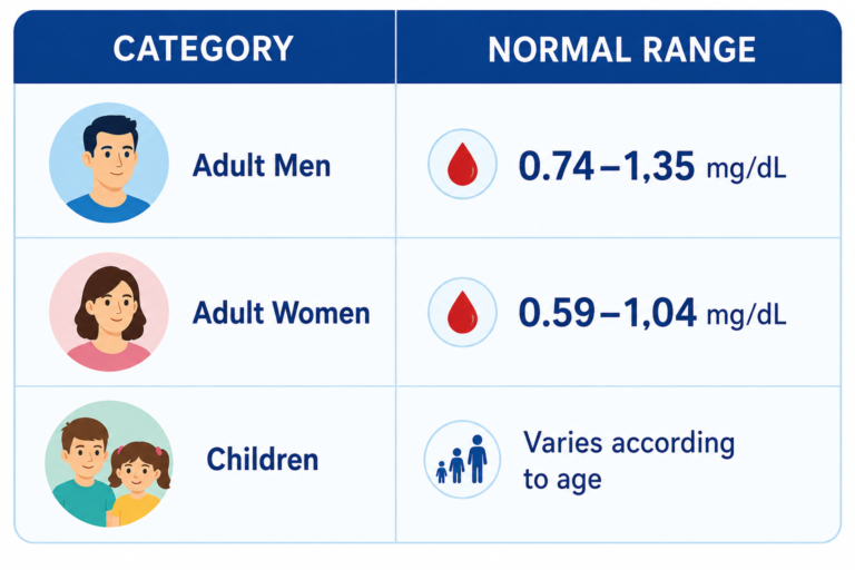 Creatinine blood test normal range chart showing healthy creatinine levels for adult men, adult women, and children.
