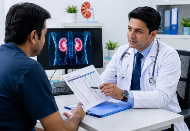Doctor discussing creatinine blood test results with a patient to evaluate high creatinine levels and kidney health.