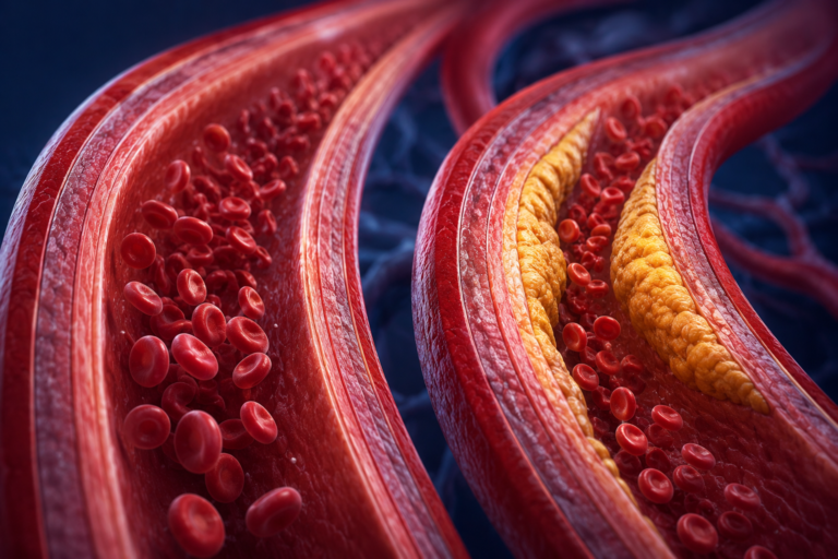 Comparison of a healthy artery and a cholesterol-blocked artery