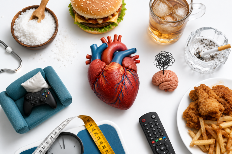 Lifestyle and medical causes of Hypertension, including obesity, smoking, stress, and high salt intake
