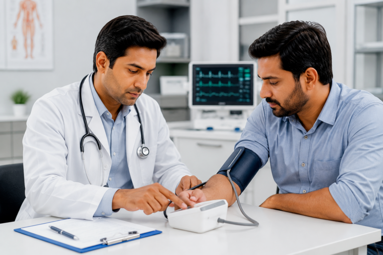Doctor checking blood pressure to diagnose Hypertension and recommend treatment
