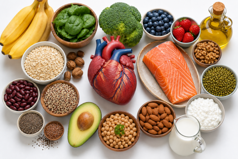 Healthy foods recommended for managing Hypertension, including fruits, vegetables, oats, and fish