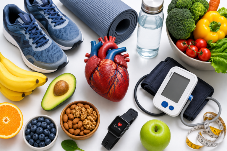 Healthy lifestyle habits that help prevent Hypertension, including exercise, healthy eating, and stress management