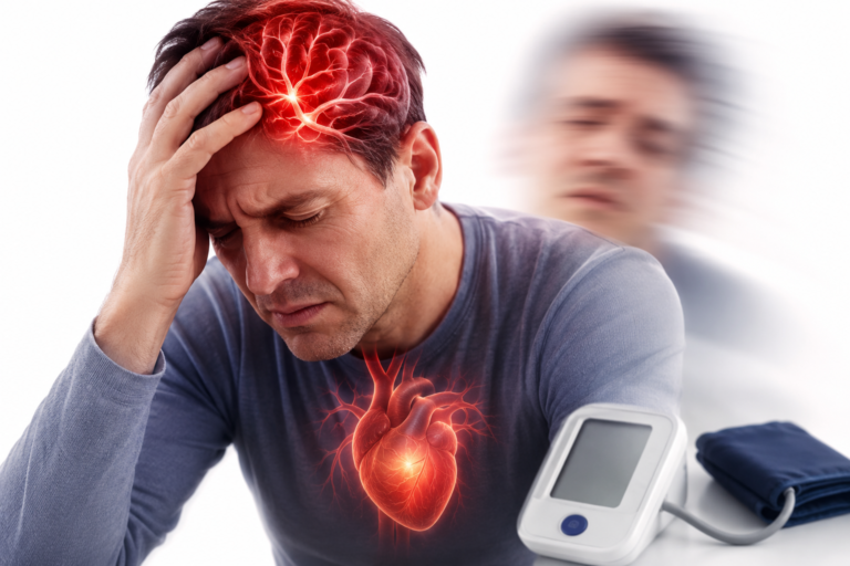 Common Hypertension symptoms including headache, dizziness, blurred vision, and chest pain