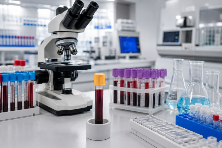 Blood sample tubes prepared for a Lipid Profile Test in a medical laboratory